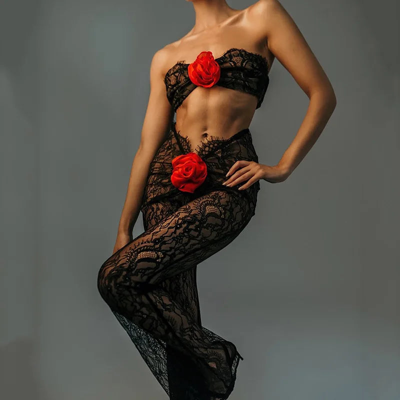tuta pizzo con rosa
