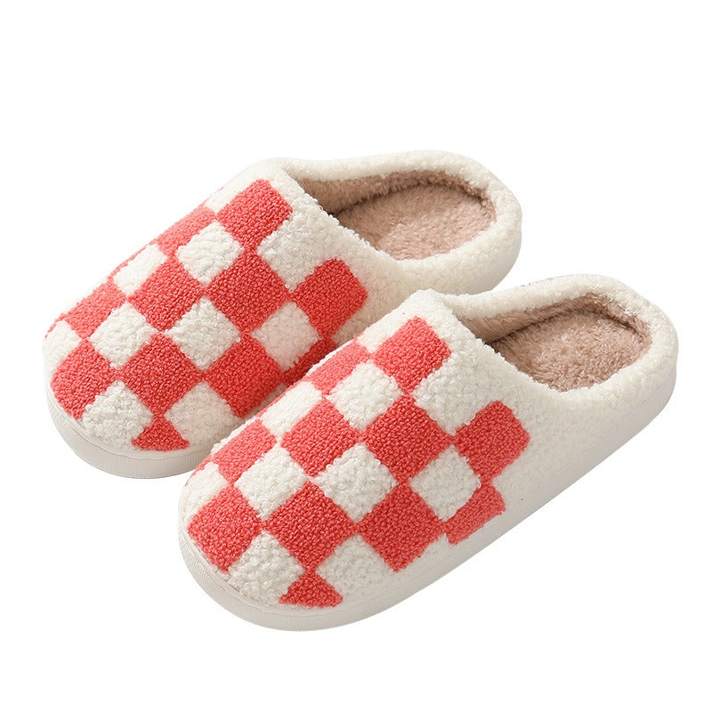 New Winter Checkerboard Checkered Cotton Slippers for Men and Women Couples Indoor Home Fury Warm Cotton Slippers