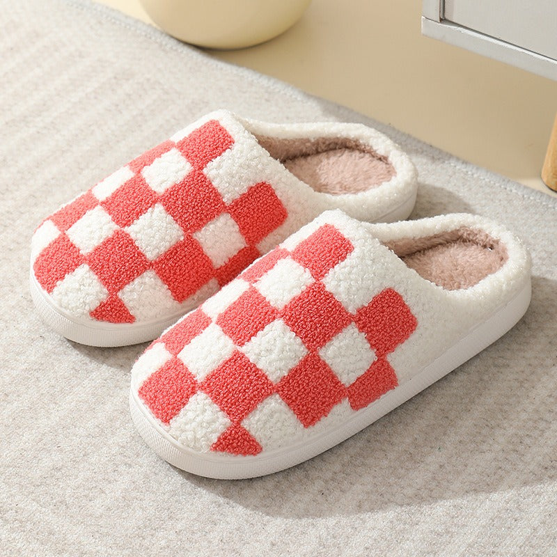 New Winter Checkerboard Checkered Cotton Slippers for Men and Women Couples Indoor Home Fury Warm Cotton Slippers