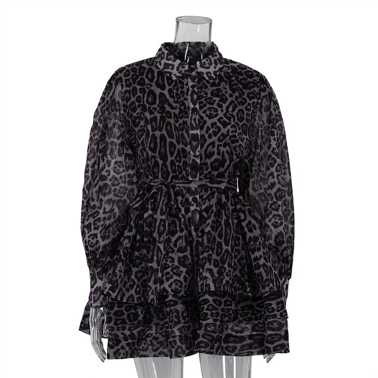 Early spring new chiffon leopard print long sleeved dress with a lapel and puffy skirt