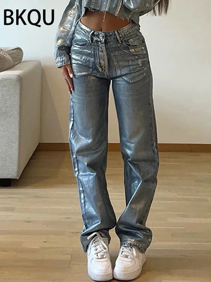 Metallic Jeans dritti a vita alta