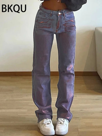 Metallic Jeans dritti a vita alta