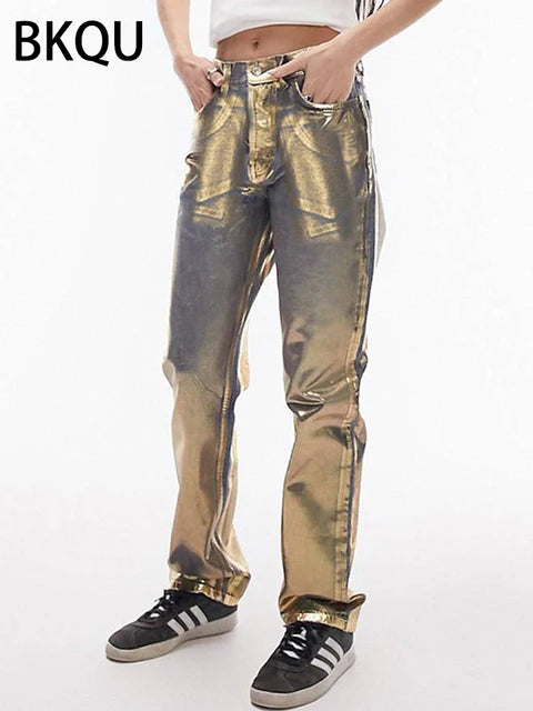 Metallic Jeans dritti a vita alta