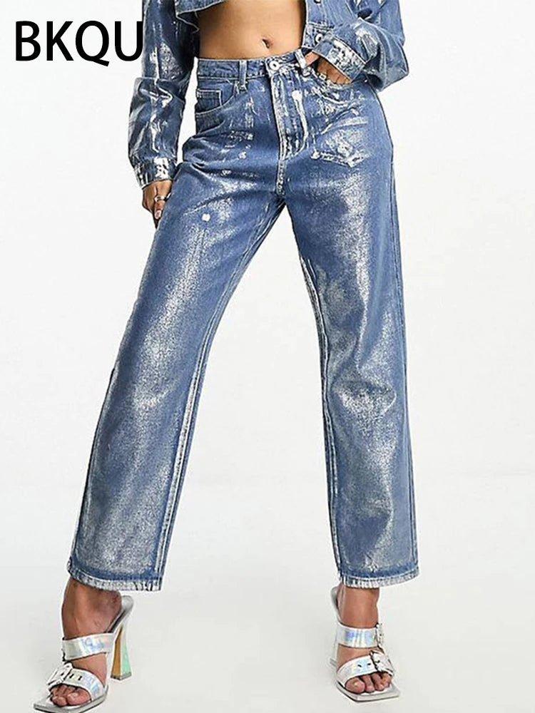 Metallic Jeans dritti a vita alta