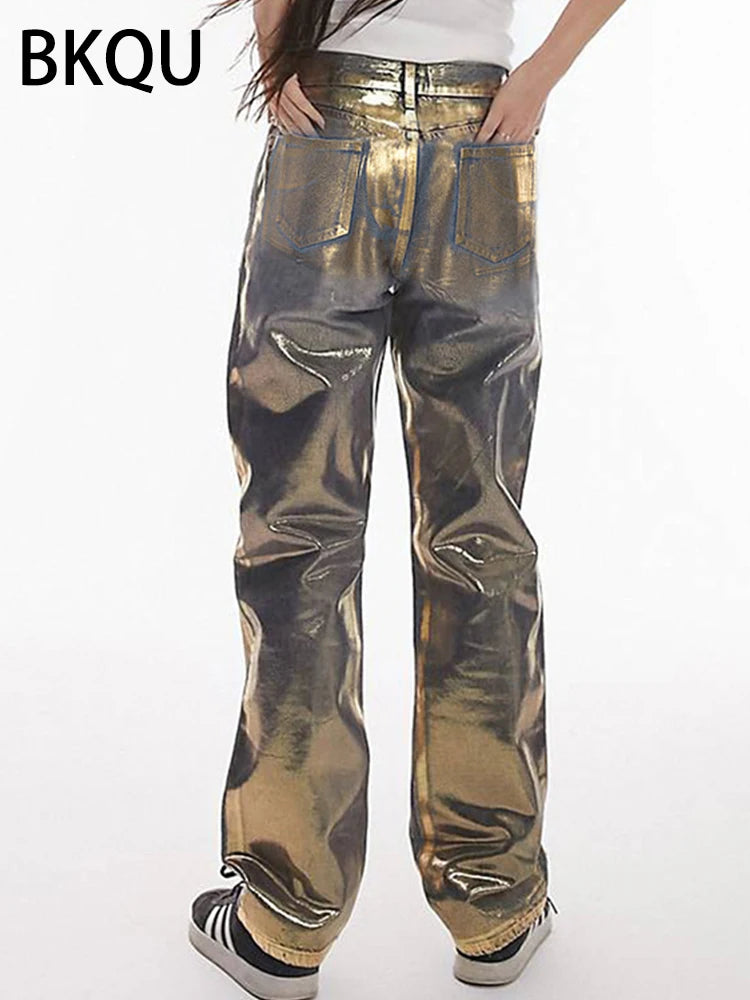 Metallic Jeans dritti a vita alta