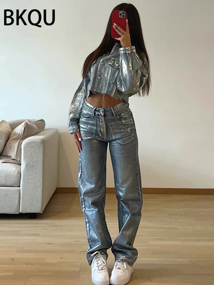 Metallic Jeans dritti a vita alta