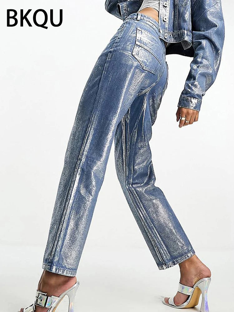 Metallic Jeans dritti a vita alta